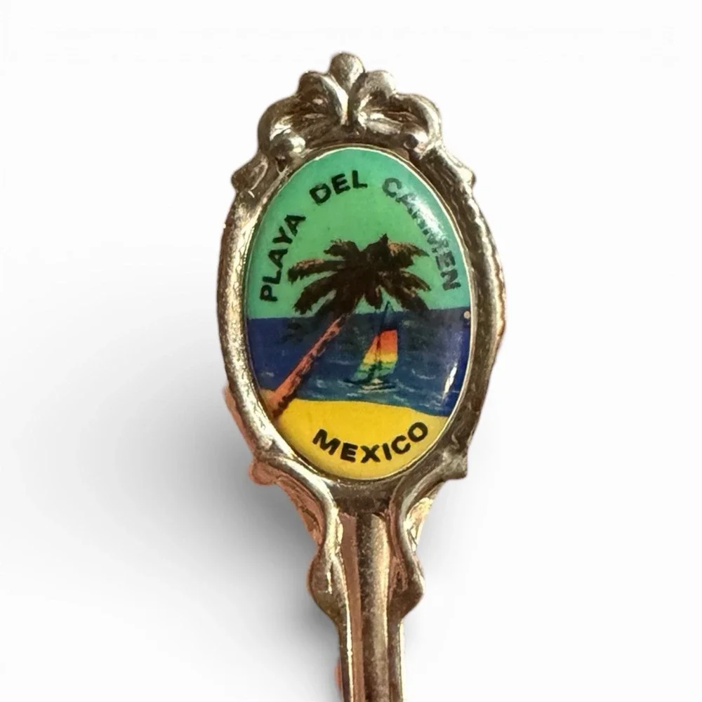 Vintage Playa Del Carmen Mexico Souvenir Spoon Enameled Beach Palm Tree Crest
